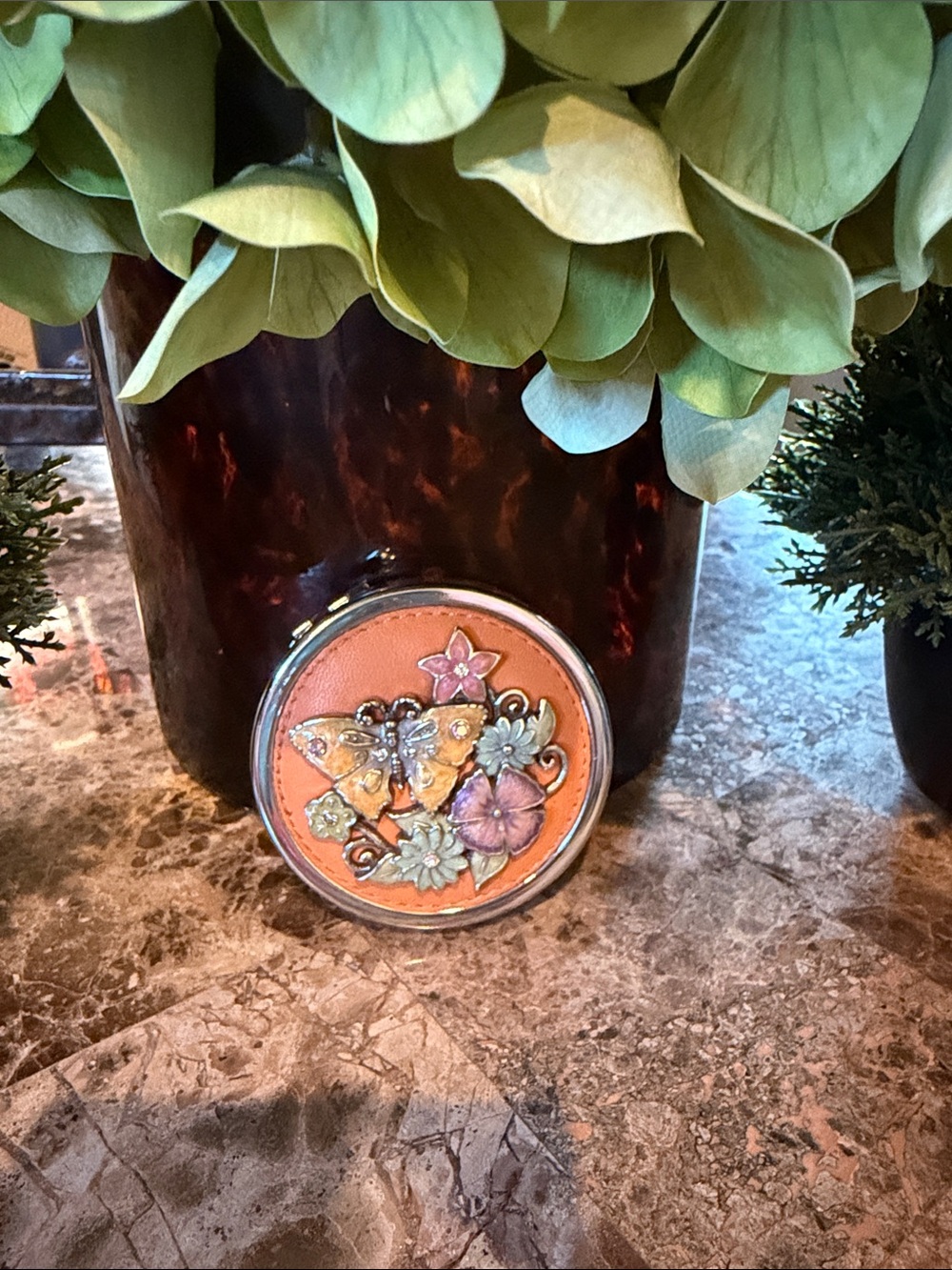 **Brighton Floral Butterfly Compact Mirror in Peach